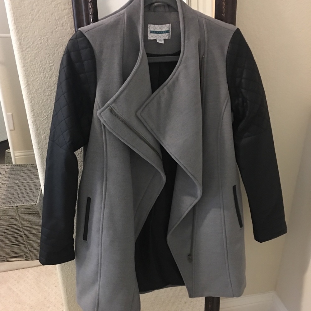 Pea coat with faux leather sleeves!